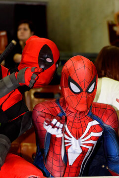 SAINT PETERSBURG, RUSSIA - MAY 19, 2018: Unidentified boys do cosplay of Deadpool and Spiderman, local film festival.