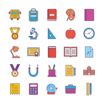 School line and fill style icon set design, education class lesson knowledge preschooler study learning classroom and primary theme Vector illustration