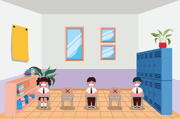 kids with masks in classroom design, Back to school theme Vector illustration