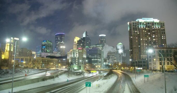 Downtown Minneapolis Minnesota Night Time-lapse Clouds Skyline 4K Snow