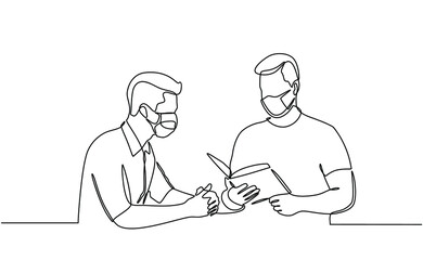 Continuous line drawing of men reading books use protective masks on their faces against infectious viruses. Men reading books and wear masks to protect against the SARS-Covid-19 disease virus