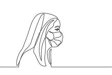 continuous line drawing of girls use protective masks on their faces against infectious viruses. Women wear masks to protect against the SARS-Covid-19 disease virus