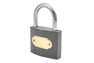 Naklejka premium Protect valuables, top secret and security precaution concept with photograph of tough metallic padlock with copy space on blank tag isolated on white background with clipping path cutout