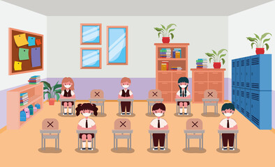 kids with masks in classroom design, Back to school theme Vector illustration