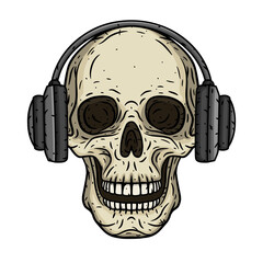 Hand drawn vector illustration Skull with headphones and divergent rays. Cartoon skull