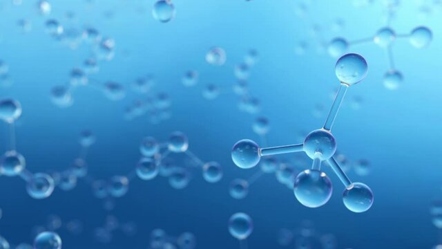 Hydrogen molecule or atom, Abstract structure for Science or medical background. Clear blue water. Concept of chemical model connections atoms. 3d rendering animation in 4K