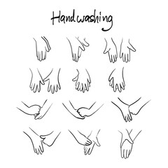 Steps to hand washing for prevent Covid19 virus vector illustration sketch doodle hand drawn with black lines isolated on white background