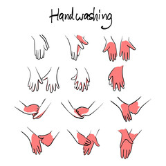 How to wash hands step by step instructions and guidelines with red area vector illustration sketch doodle hand drawn with black lines isolated on white background