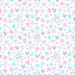 Watercolor seamless pattern cute stars. Space, sleep, sky background, colorful, pastel colors. Digital paper, for baby textile, fabric. Good night, scandinavian 