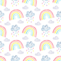 Watercolor seamless pattern cute rainbow, clouds, rain. Weather, sky background, colorful, pastel colors. Digital paper, for baby textile, fabric, nursery decor.  Dream big, scandinavian print