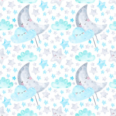 Watercolor seamless pattern cute moon, clouds and stars. Weather, sleep, sky background, colorful, pastel colors. Digital paper, for baby textile, fabric. Good night, scandinavian for boy