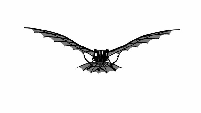 Leonardo Da Vinci Antique Flying Machine Makes Maneuvers And Flies In Black and White Background Animation