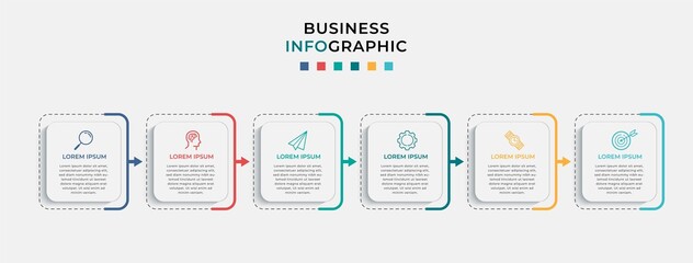 Business Infographic design template Vector with icons and 6 six options or steps. Can be used for process diagram, presentations, workflow layout, banner, flow chart, info graph