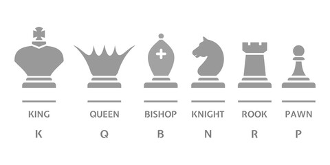 Chess icons set is isolated on white. Stylized silhouettes of chess pieces - king, queen, bishop, knight, rook, pawn. Vector illustration