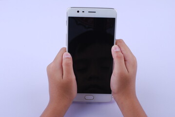 Man hand holding modern smartphone mobile with black screen on isolated white background
