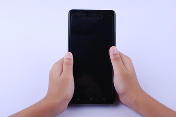 Man hand holding modern smartphone mobile with black screen on isolated white background