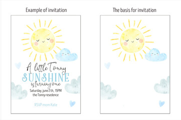 Layout invitation birthday card, watercolor sun birthday invitation, sunny birthday theme