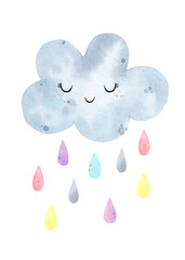 Cute poster with clouds, drops, rain weather watercolor. Sky, sweet dreams. Watercolor prints baby room, baby shower, greeting card. Hand drawn illustration. Nursery decor. Scandinavian