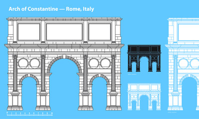 World-famous Arch of Constantine Greatest Landmarks of Rome, Italy. Linear vector icon for Tourist attractions of historic Roman Empire heritage. Historic buildings from the streets of Rome, outline.