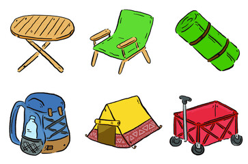 登山、アウトドア、キャンプやグランピングなどで使える、ゆるかわな「イラストセット」ベクターイラスト
