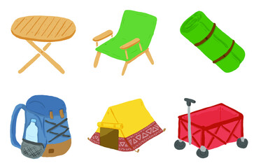 登山、アウトドア、キャンプやグランピングなどで使える、ゆるかわな「イラストセット」ベクターイラスト