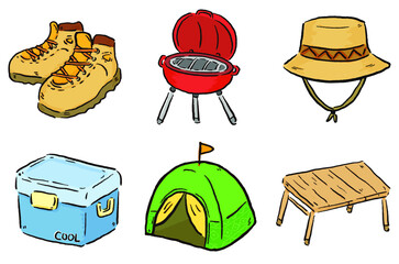 登山、アウトドア、キャンプやグランピングなどで使える、ゆるかわな「イラストセット」ベクターイラスト