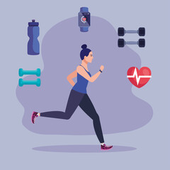 woman running, woman in sportswear jogging with sport icons vector illustration design