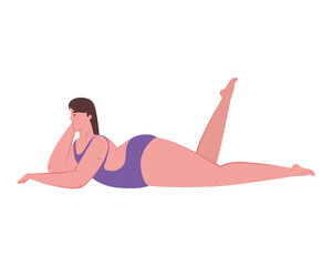 cute plump woman in swimsuit purple color lying face down on white background vector illustration design