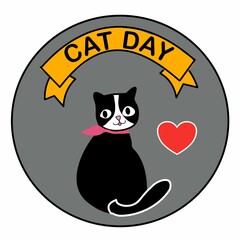 cat day hand drawn vector of cute black cat with pink collar with word happy cat day on round color background