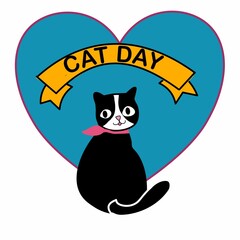 cat day hand drawn vector of cute black cat with pink collar with word happy cat day in yellow ribbon on blue heart background