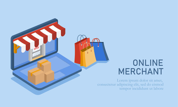 Vector illustration of online trading. Illustration of an online shop with a laptop, shipping box and shopping bag. Isometric background of online merchants and market places concept.