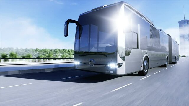 3d model of passenger bus very fast driving on the highway. Futuristic city background. 3d rendering.