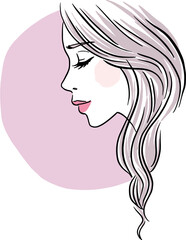 Digital illustration of a beautiful woman with long hair in purple circular background