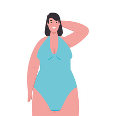 cute plump woman in swimsuit blue color on white background vector illustration design