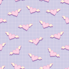 Isolated vector pink heart with wings on a grid background seamless pattern. Repeating artwork of retro aesthetics color with 90s anime style vector clipart.