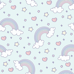 Cute rainbow with clouds and hearts on a light blue background seamless patter.