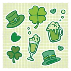 St Patrick's day icons sticker collection. Easily editable decorative elements on a green grid background