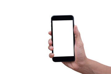 man hand holding blank mobile smart phone isolated on white background