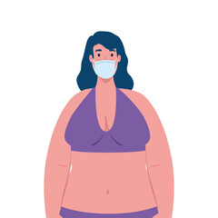 cute plump woman in swimsuit purple color, wearing medical mask, covid 19 summer vacation vector illustration design