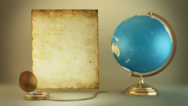 Old objects - globe, compass and vintage paper for inscriptions and headings