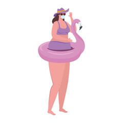 cute plump woman with swimsuit in pink flamingo, tropical bird shape inflatable swimming ring vector illustration design