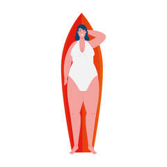 cute plump woman lying down on surfboard with swimsuit on white background vector illustration design