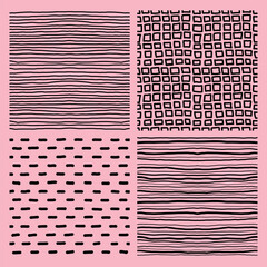 Set of hand drawn seamless patterns. Vector repeating black lines background collection.