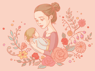 Digitally hand drawn Mother’s Day illustration. Mother holding baby with floral background. 