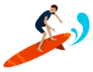 boy, man riding on the waves on a surfboard. Summer active sea vacation. Tropical hawaii lifestyle. Vector on a white background