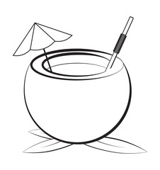 tropical cocktail in a coconut with a straw and an umbrella. Summer vacation at sea. Black white vector