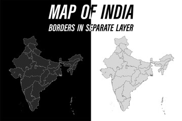 detailed map of India with borders. Black and white vector