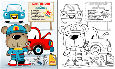 vector illustration of car repair shop cartoon with funny mechanic, coloring book or page