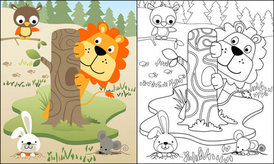 vector illustration of funny animals cartoon playing hide and seek in forest, coloring book or page