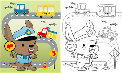 Naklejka premium vector illustration of cute kangaroo cartoon in traffic cop uniform with vehicles in the road, coloring book or page